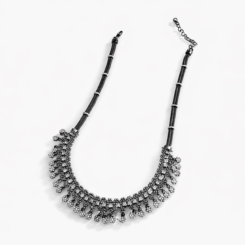 DESIGNER-INSPIRED Statement Necklace Gunmetal Crystal Fringe Bib